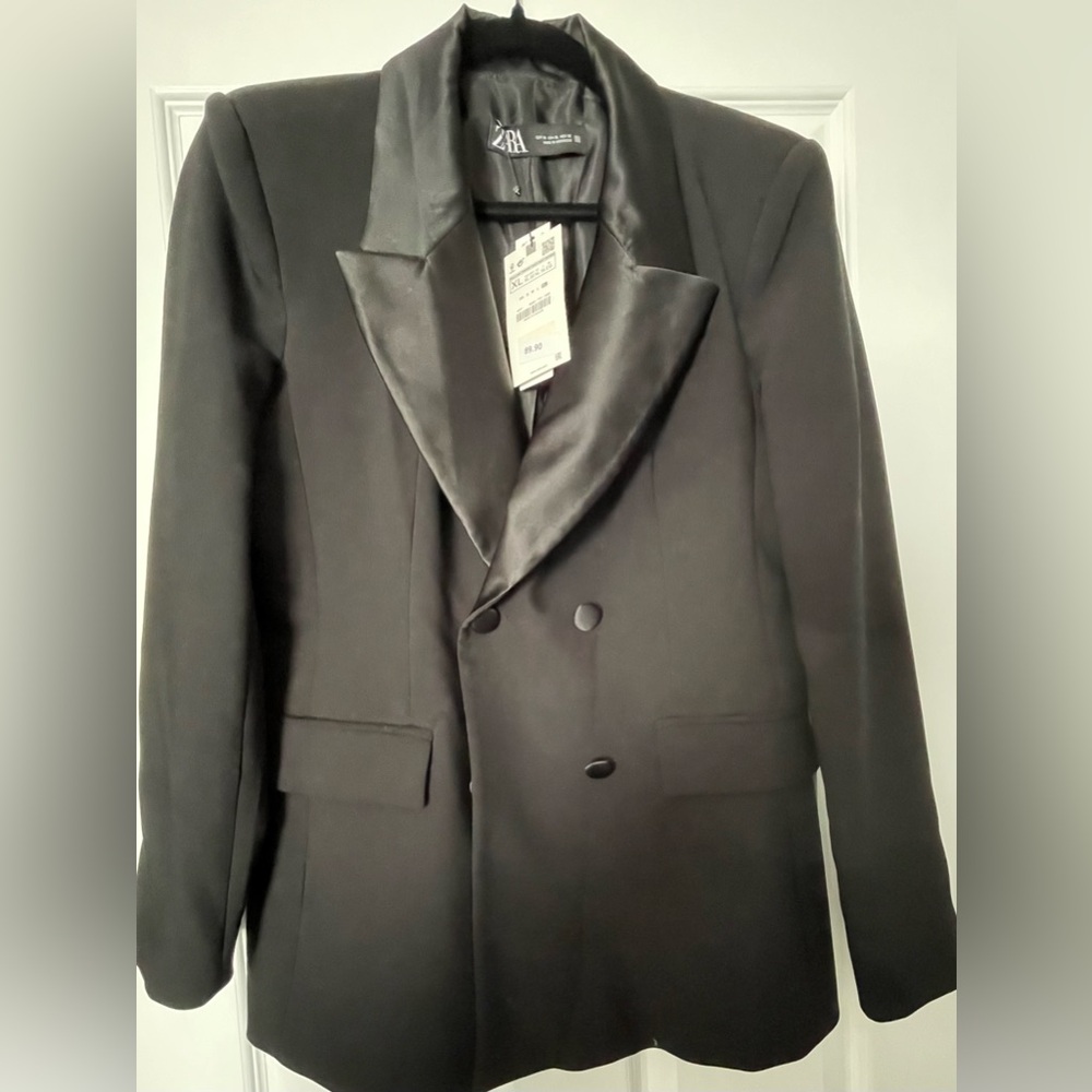 Zara Black Satin Lapel Tuxedo Jacket